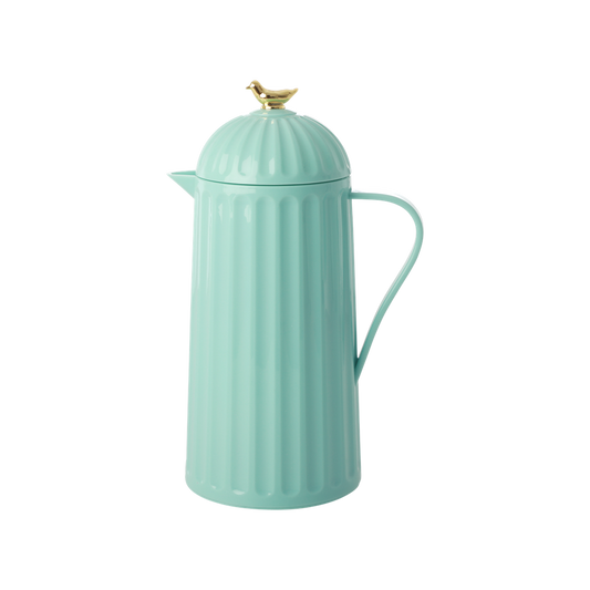 Mint green insulated thermos with lid, side handle, and gold-toned finial