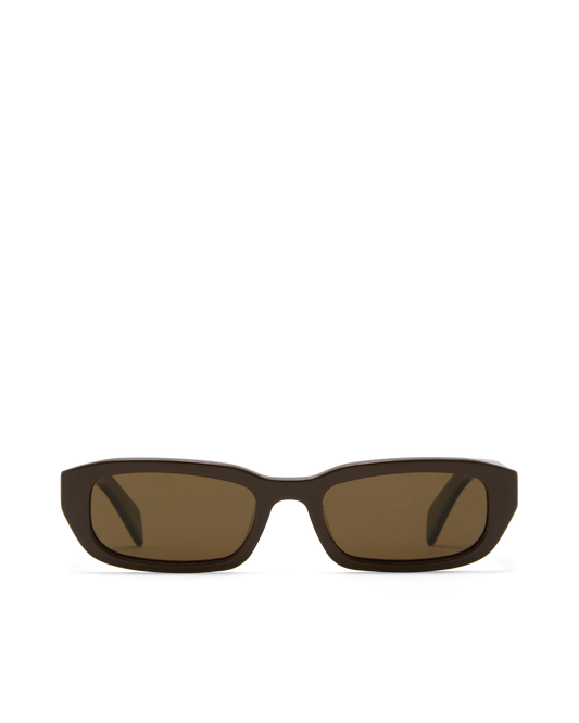 Polarized sunglasses with dark chocolate frame and brown lenses, front view