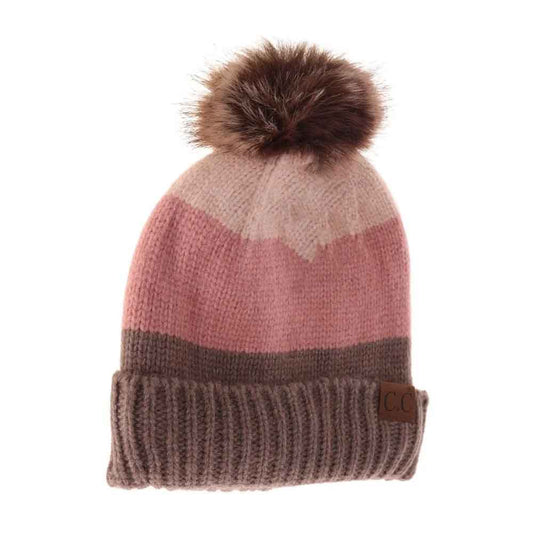 Color block knit beanie with pom, mauve and taupe stripes, ribbed dark brown cuff