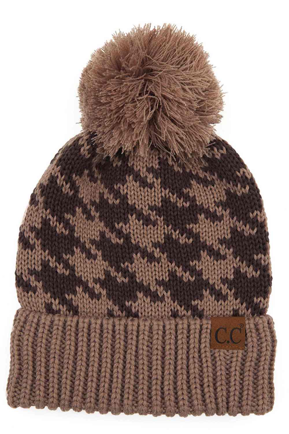 C.C houndstooth knit beanie with pom, taupe and brown knit pattern