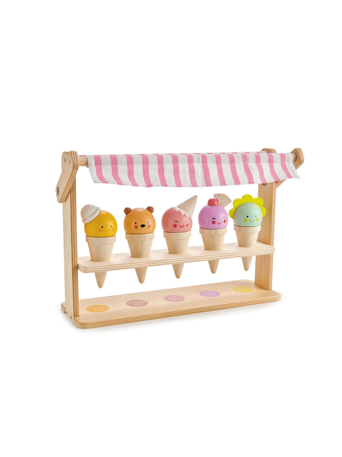 Wooden ice cream scoop playset with shelf display and striped canopy, six colored scoops