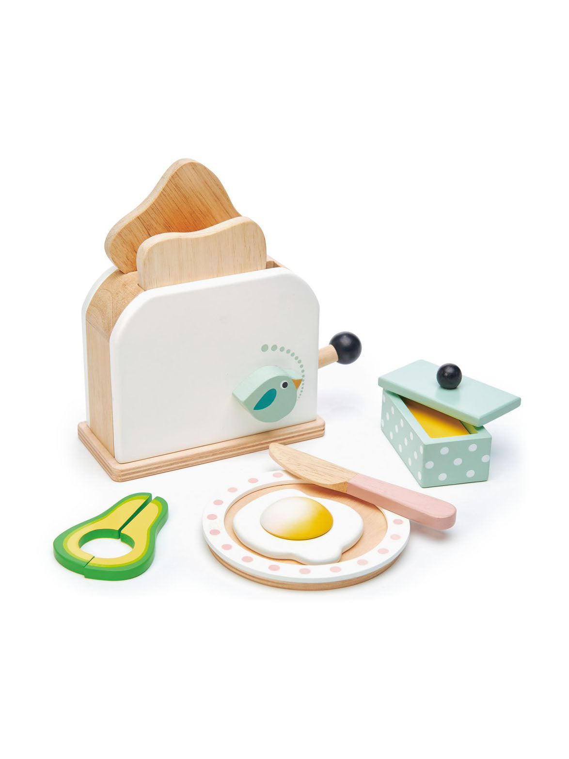Tender Leaf Toys wooden breakfast toaster set with egg, plate, and play food accessories