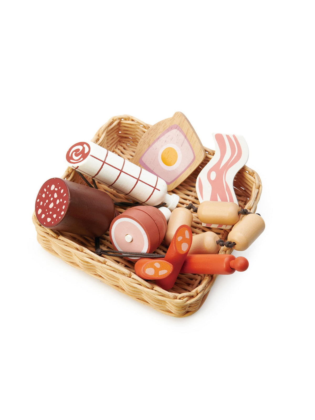Wooden charcuterie basket set with sliced salami, cheese, crackers, and pickled items