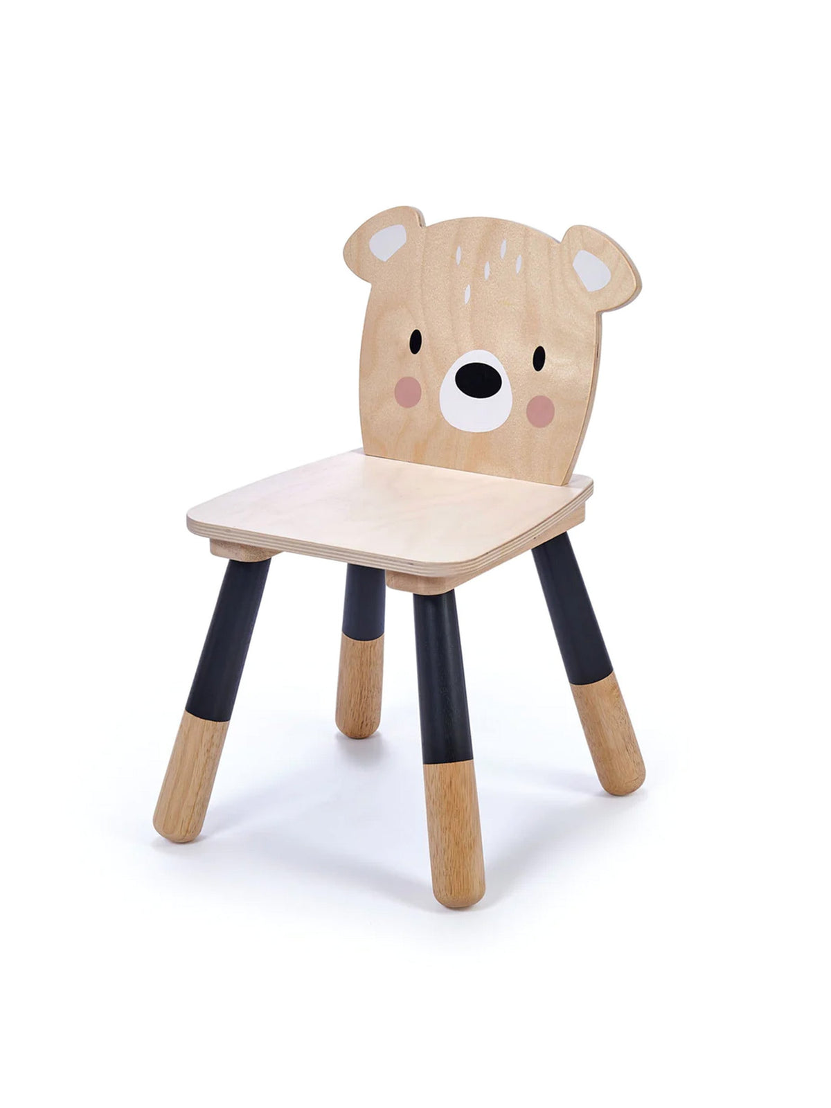 Wooden bear kids chair with beige face back and light seat, four dark legs
