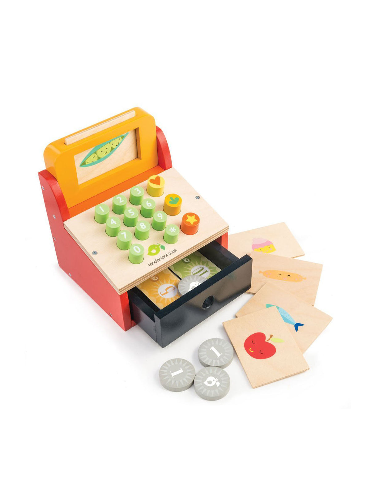 Toy cash register till in red/orange with green buttons, coins, and paper money