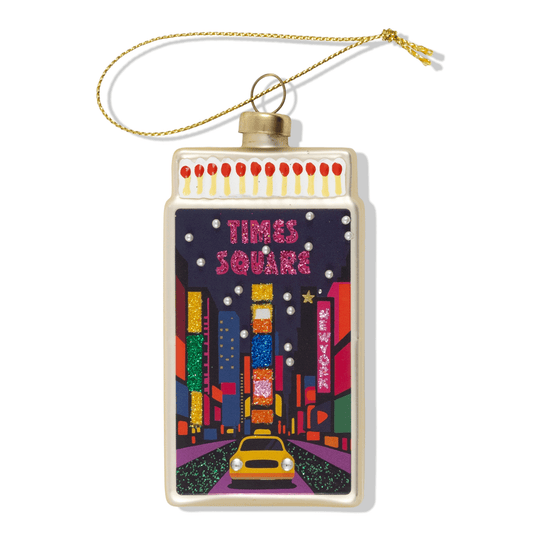 Times Square matchbook ornament with gold loop and colorful skyline design