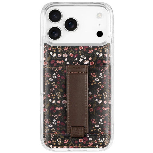 Floral phone case with clear back and dark brown fabric pocket with strap