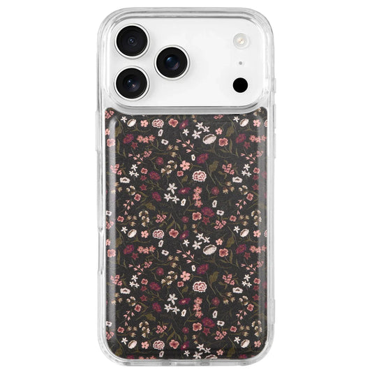 Magnetic iPhone case with clear back and dark floral fabric panel