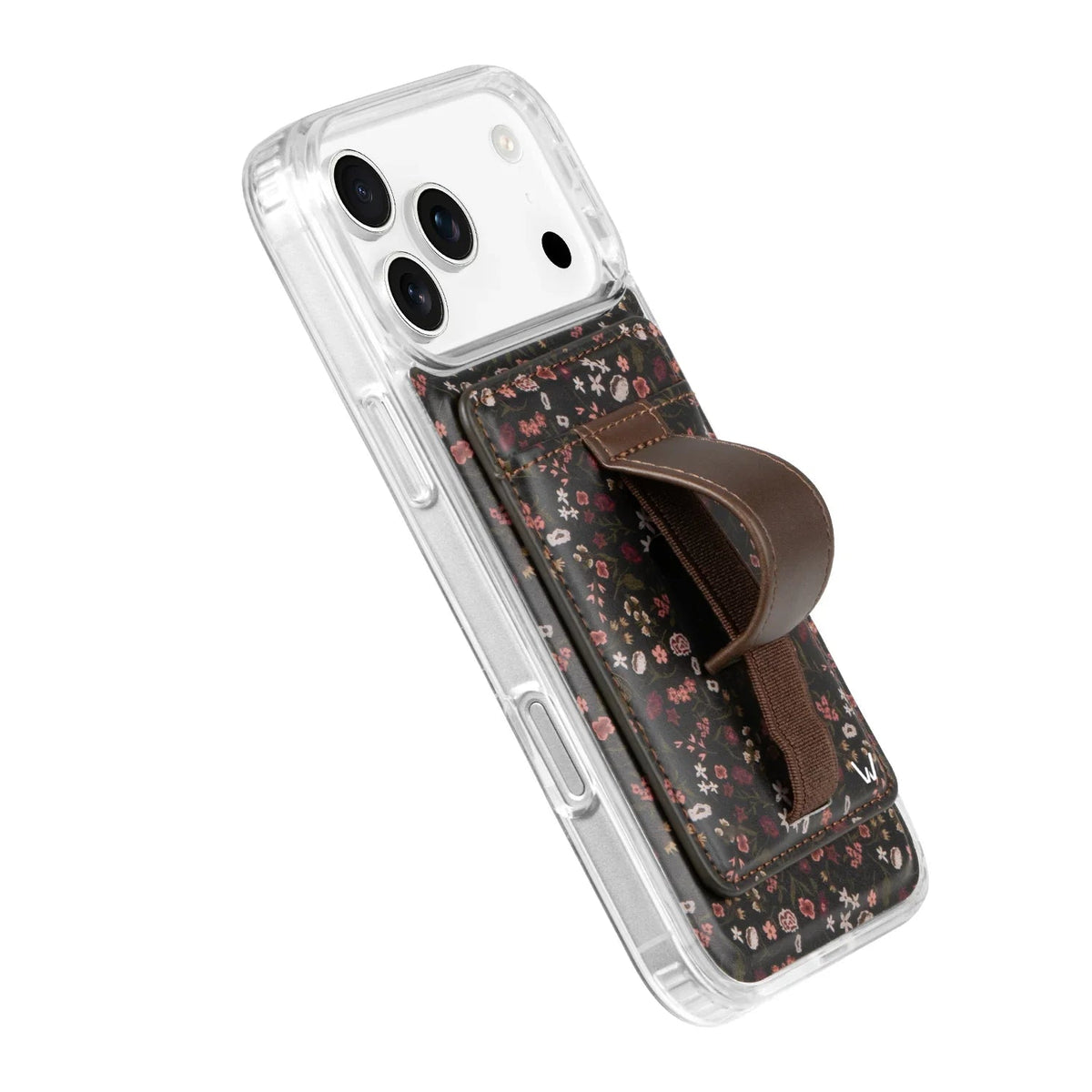 Clear phone case with dark floral magnetic wallet insert and brown strap.