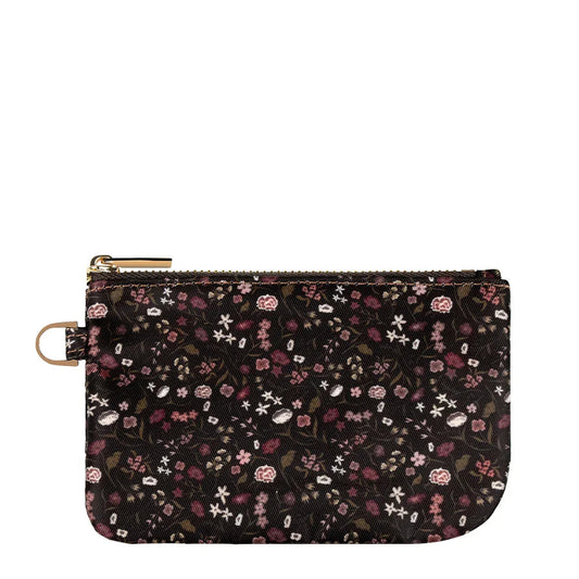 Floral zippered pouch with wrist strap, dark base and pink/white blossoms.