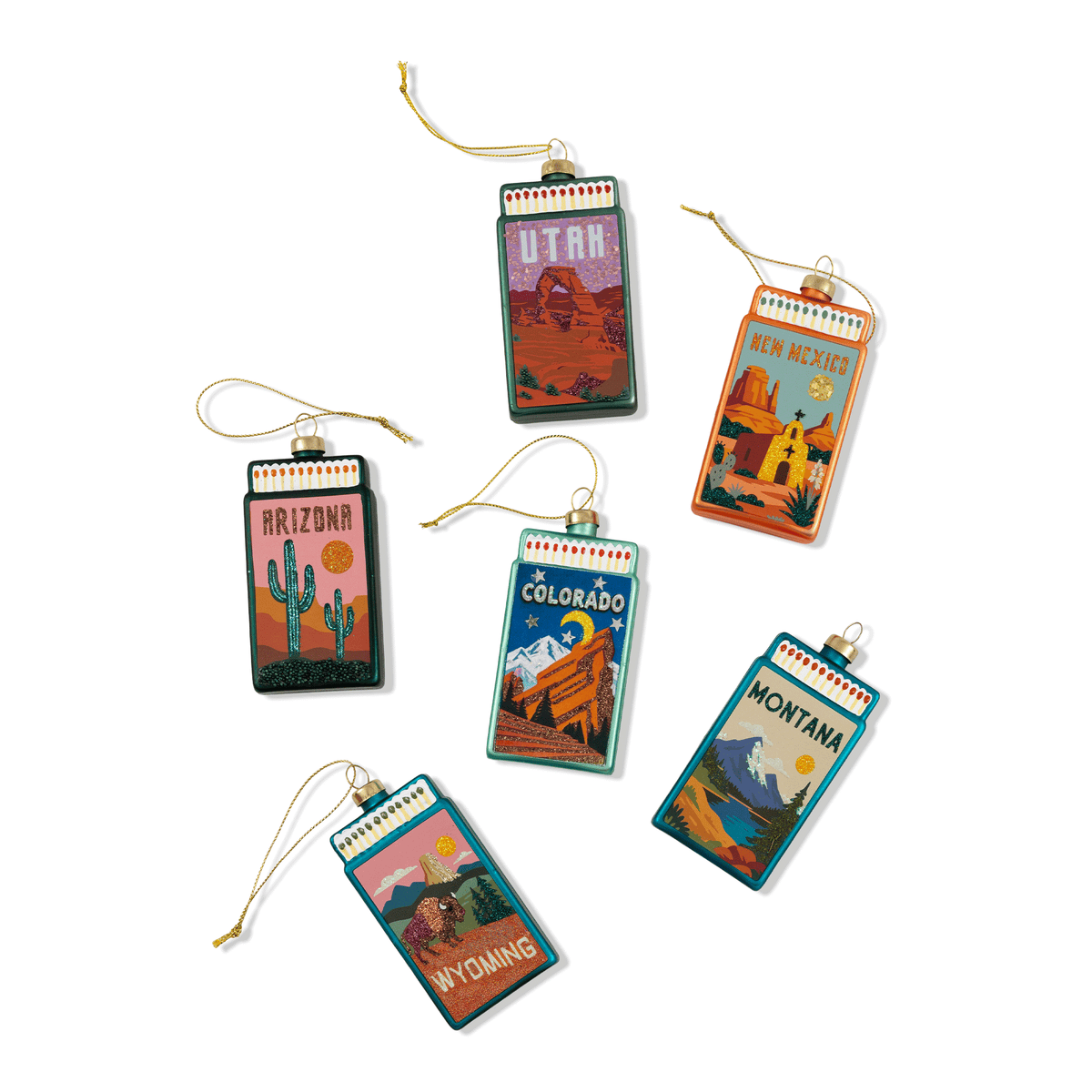 Set of state matchbook ornaments with gold cords, colorful front panels