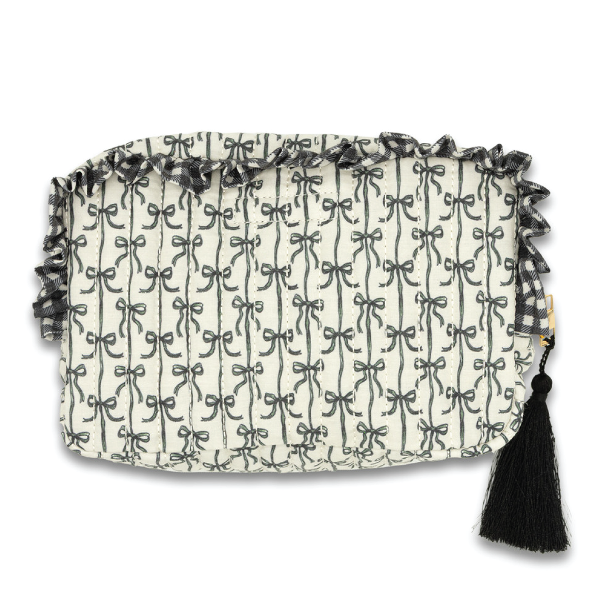 Quilted cosmo bag with black bow, tassel pull, and grid-patterned fabric