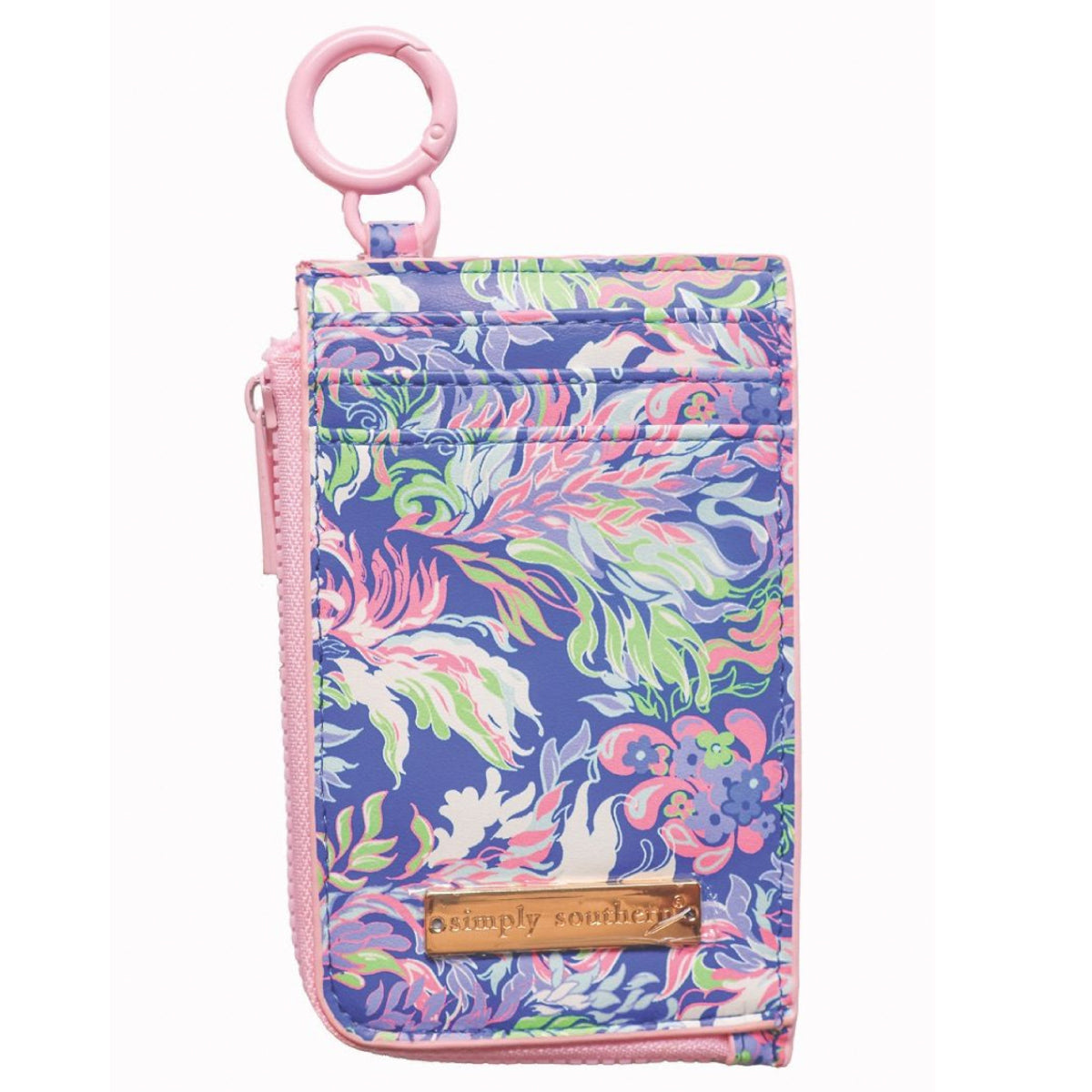 Simply Southern® ID coin wallet with watercolor floral pattern, clear ID window, pink ring