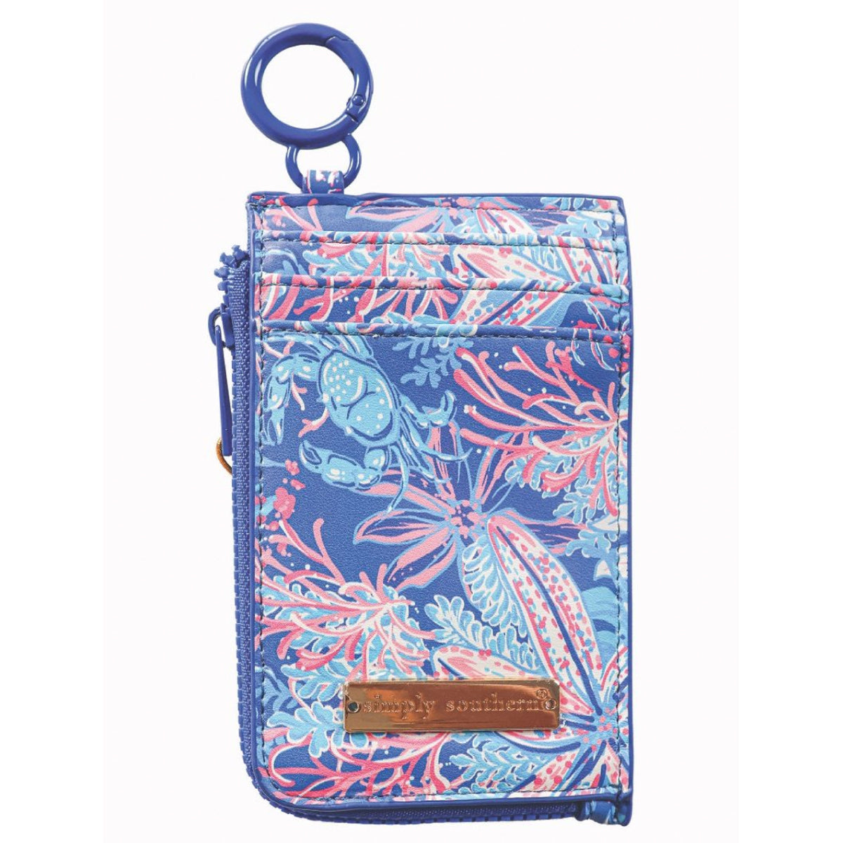 Reef patterned ID coin wallet with key ring, blue and coral floral design