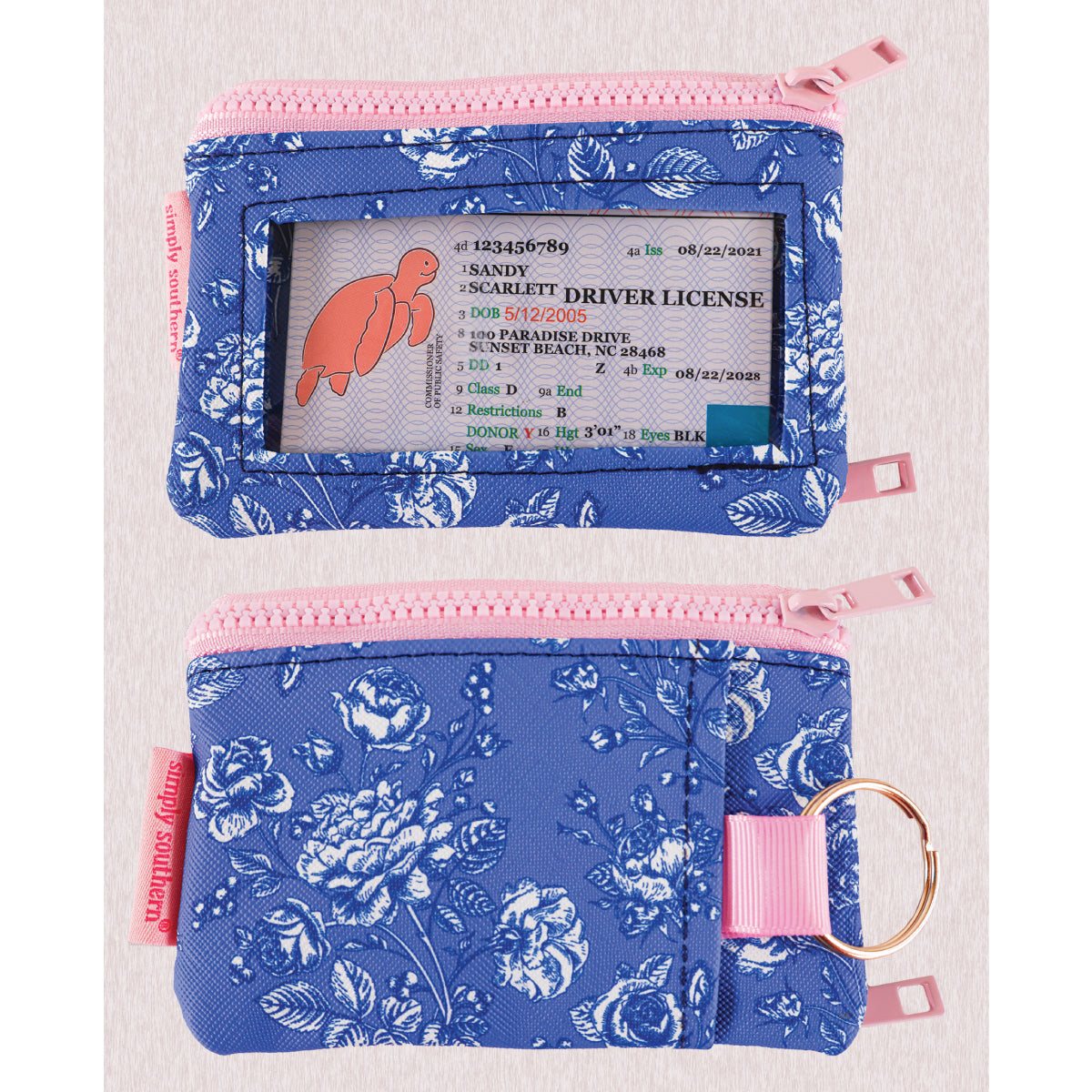 Simply Southern® ID wallet with clear window, blue floral fabric, pink zipper, key ring