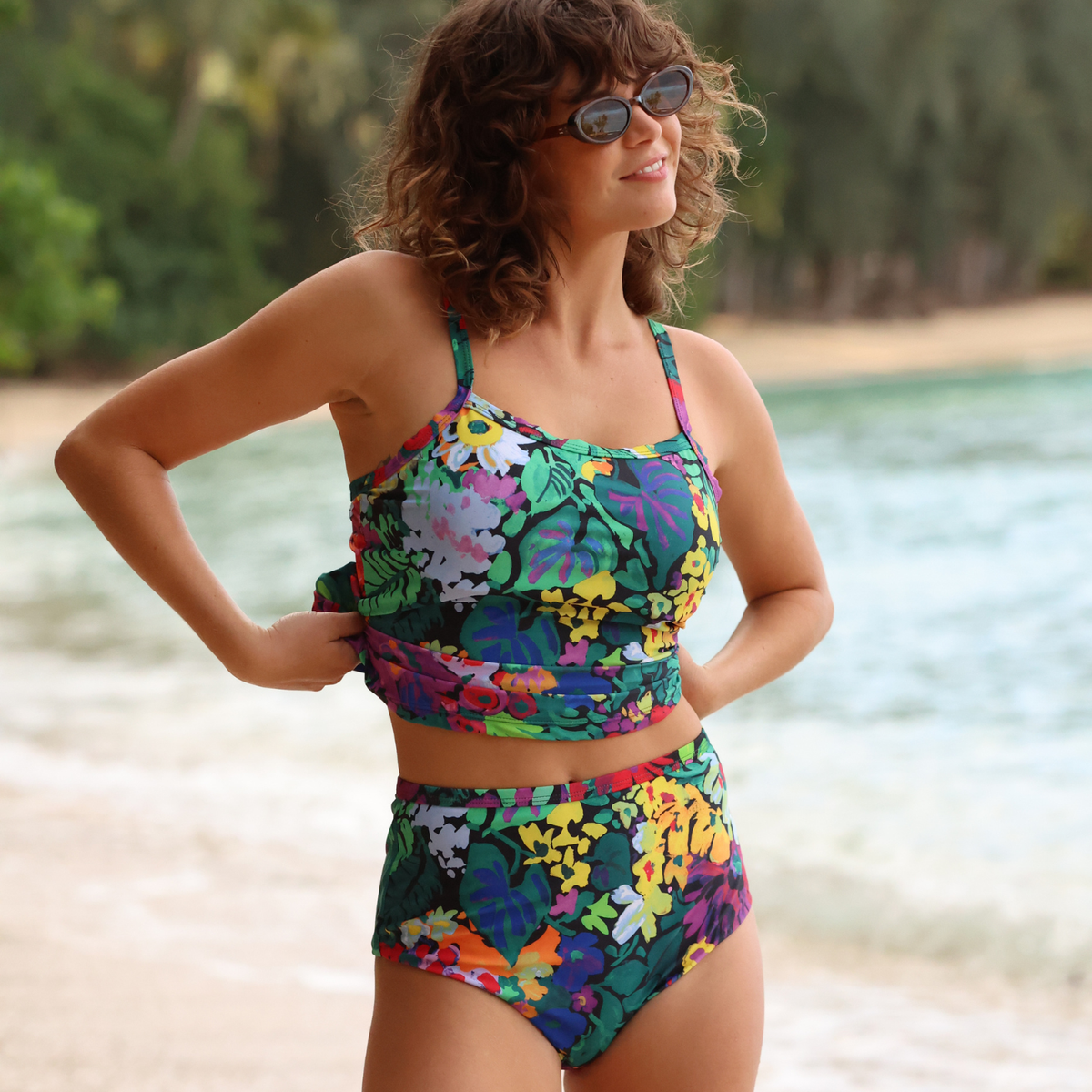 Women's tankini swimsuit set with colorful tropical floral print, swim top and briefs