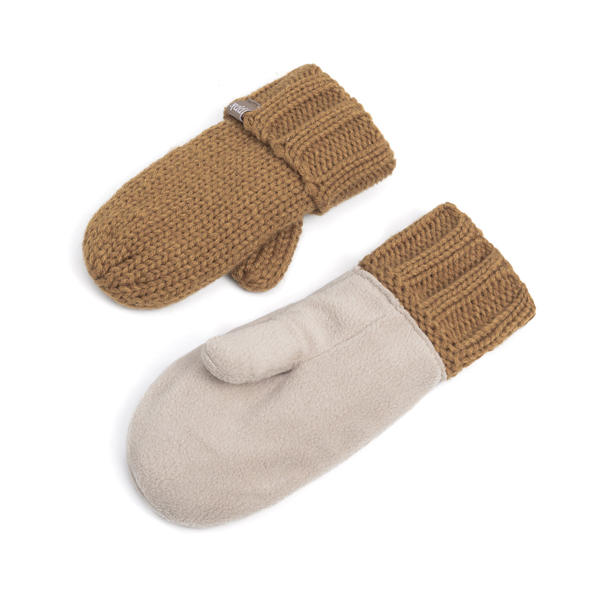 Brown knit mittens, one turned to show its soft fleece lining