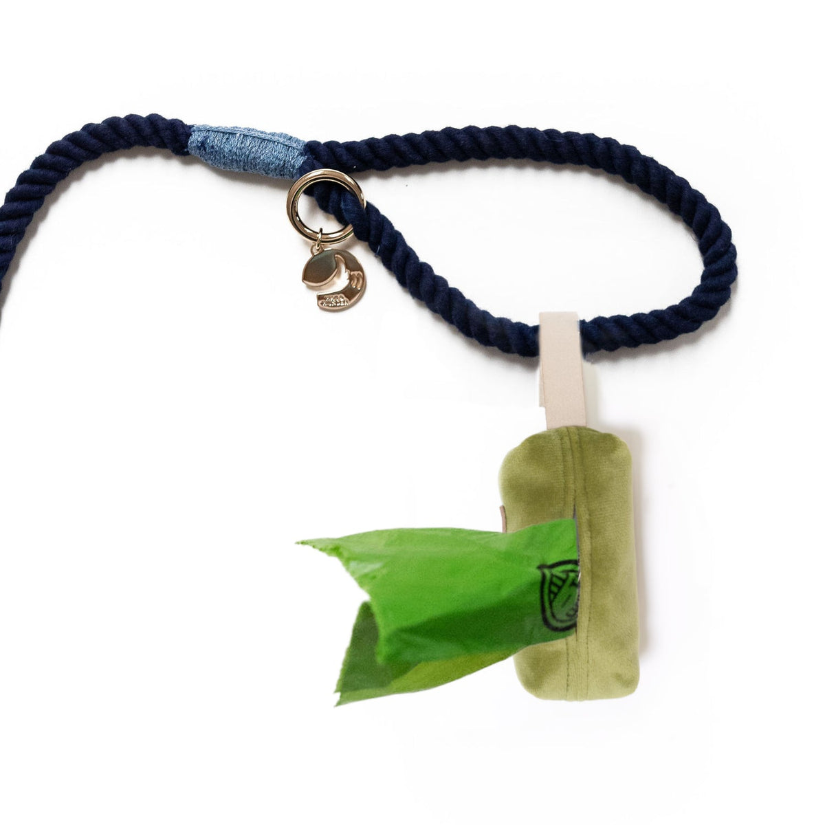 Navy rope waste bag holder with keyring and green pouch holding waste bags