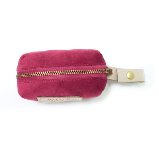 Burgundy velvet waste bag holder with gold zipper and snap clip