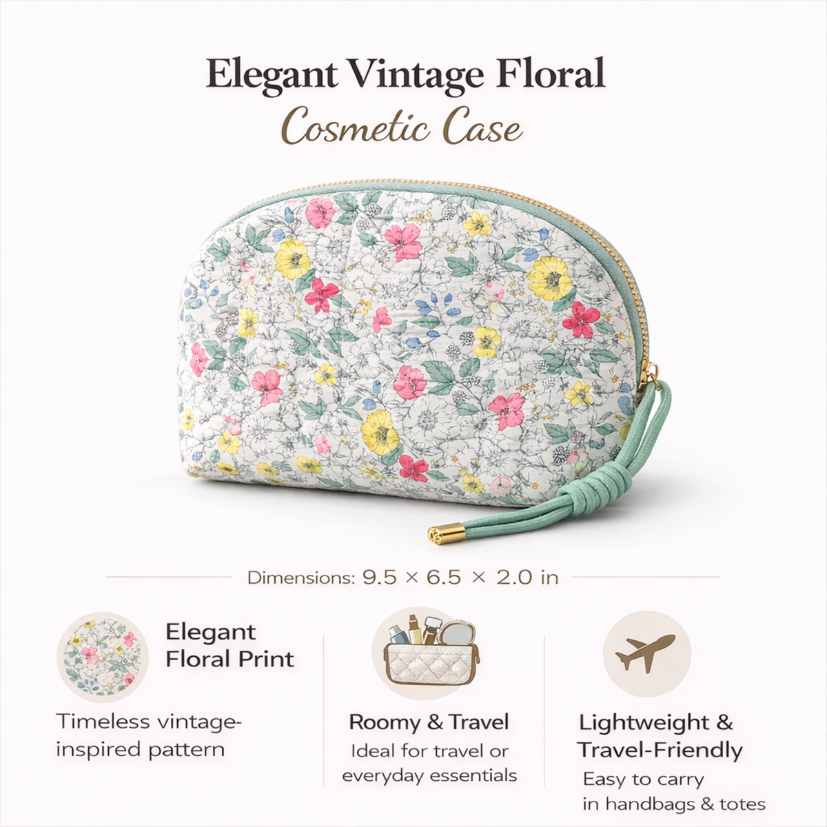 Vintage-Inspired Quilted Floral Cosmetic Case – Curved Makeup Pouch in Soft Pastel Garden Prints