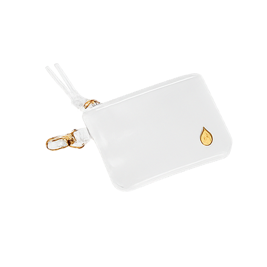 White vegan leather RFID card pouch with gold zipper pull and tassel keyring