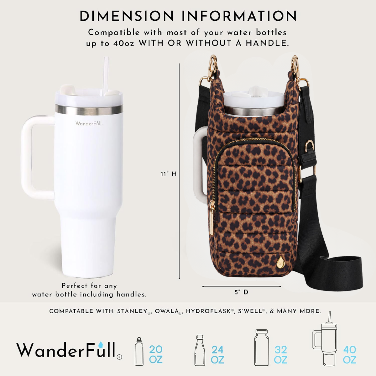 Leopard print carry handle with black strap and pocket for water bottle holder