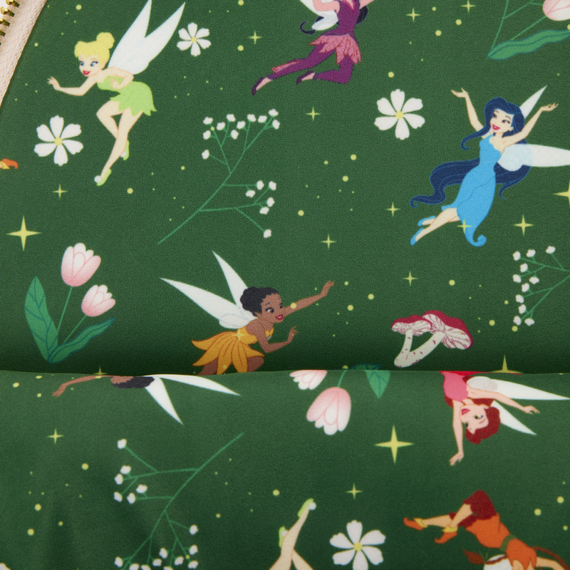 Loungefly Disney Tinker Bell backpack fabric detail with fairies, flowers and stars on green