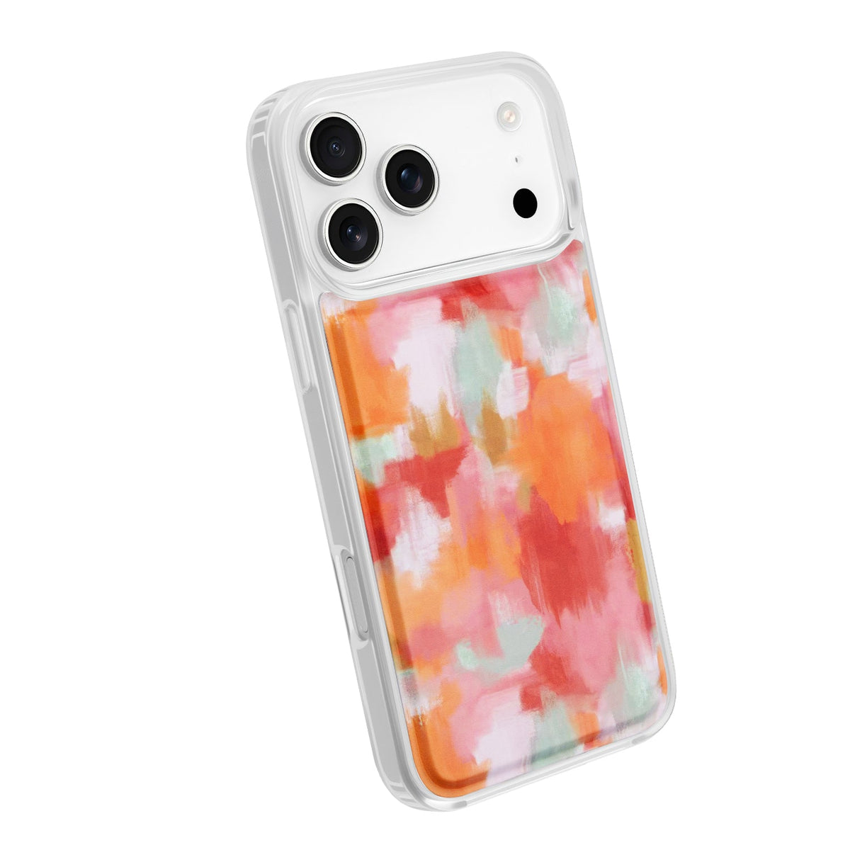 Clear magnetic phone case with orange pink watercolor wave pattern and camera cutouts