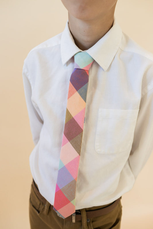 Youth plaid neck tie worn under white button-up shirt