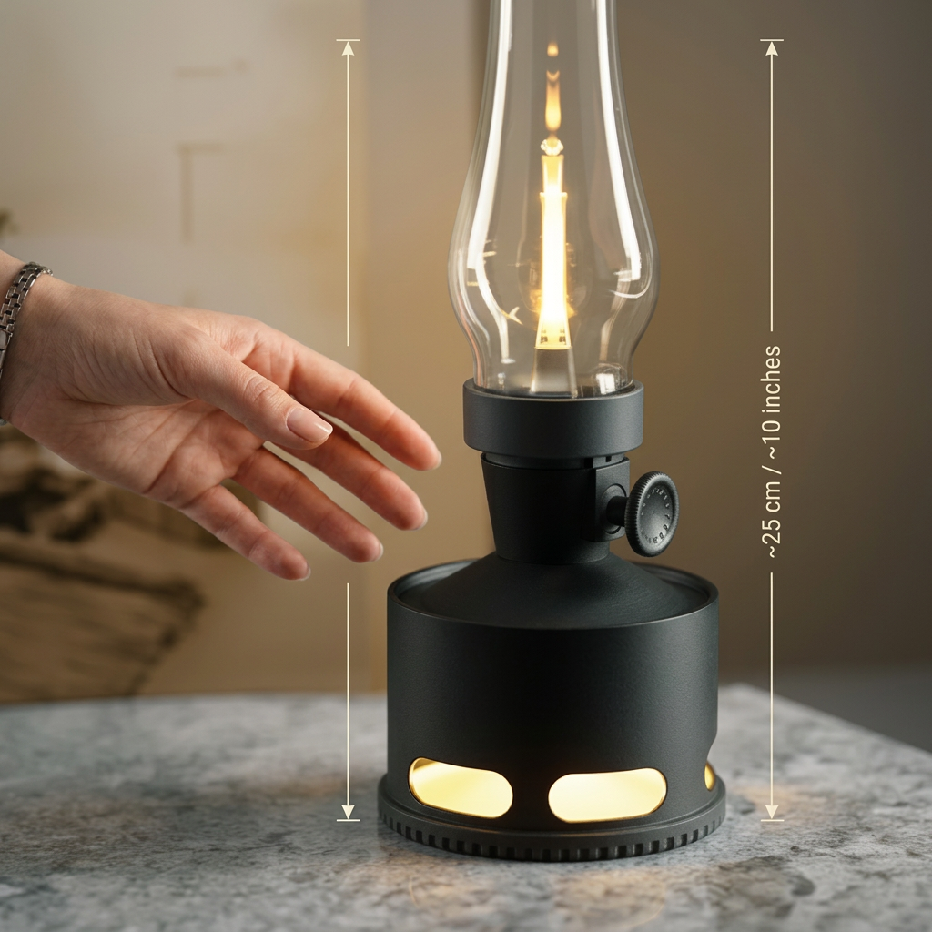 Portable LED lantern with clear glass chimney, black base, warm lights and side control