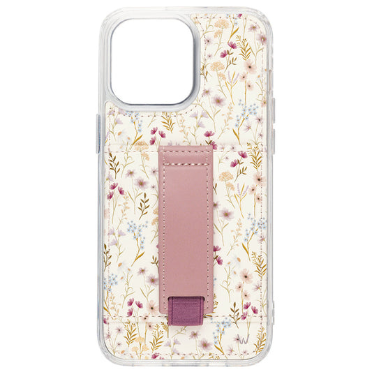 Clear floral phone case with mauve strap, slim back panel, and camera cutout