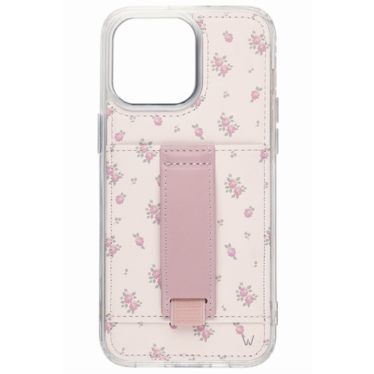 Wildrose floral phone case with pink cardholder strap, transparent edges
