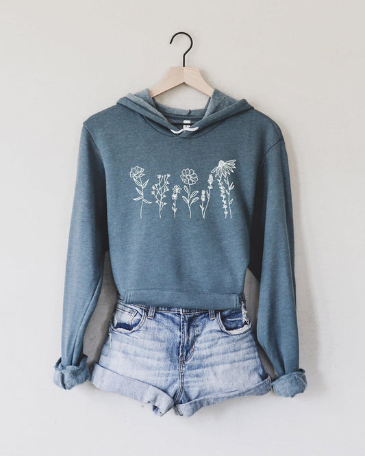 Heather slate blue sponge-fleece hoodie with hood and white wildflower graphic front