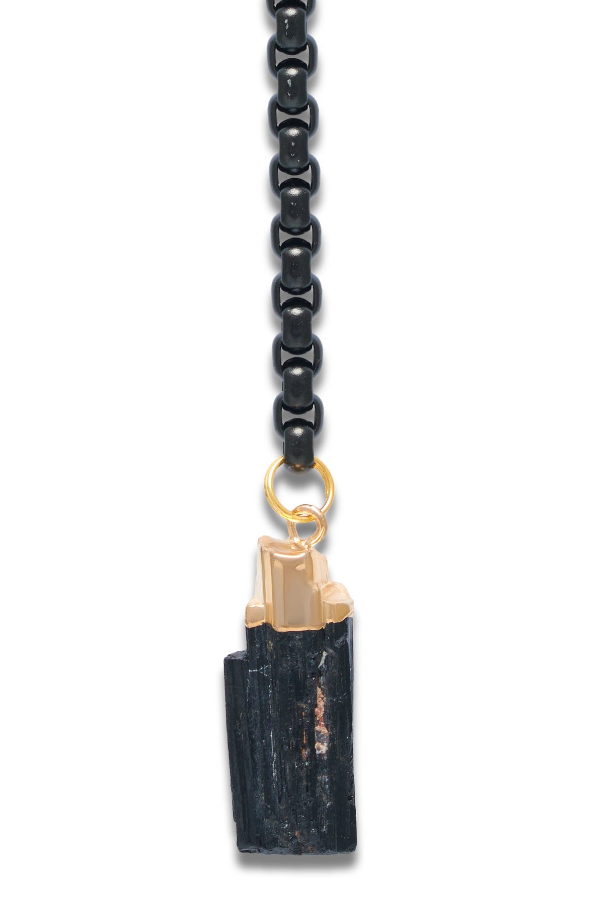 Black beaded chain with hanging charm, gold clasp and blue-black pendant