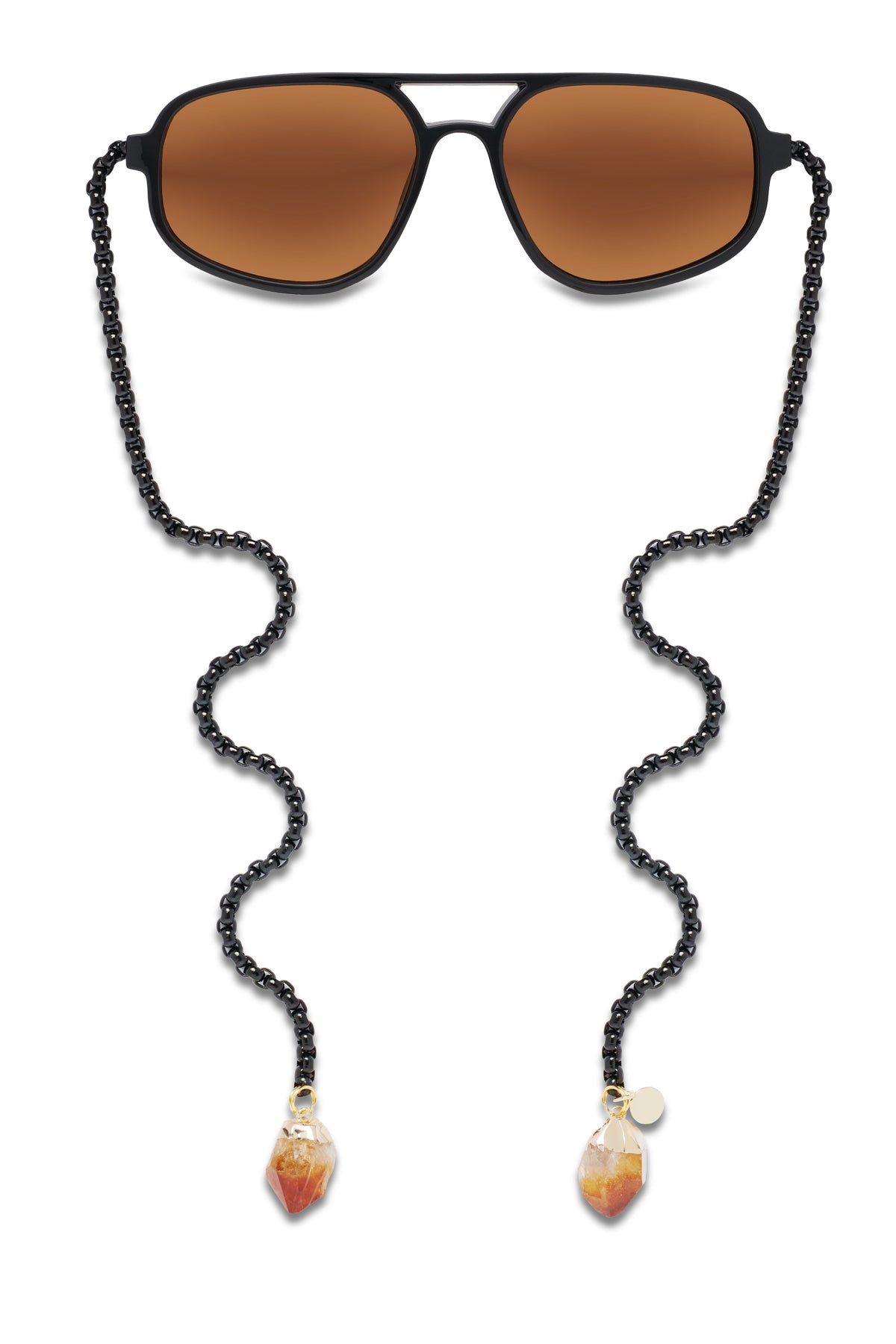 Amber-tinted sunglasses with black chain and two dangling amber crystal charms