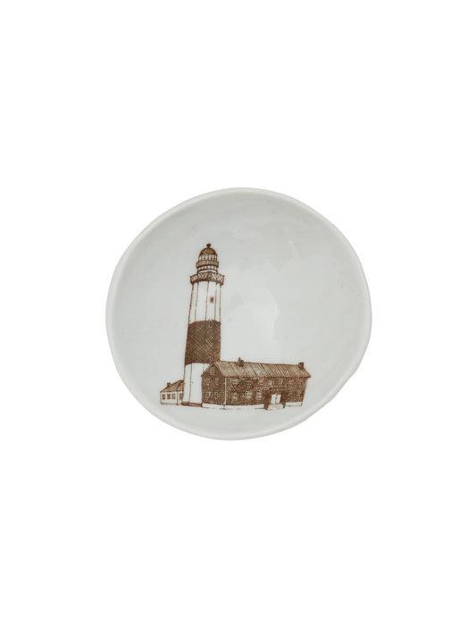 Ceramic dish with lighthouse illustration