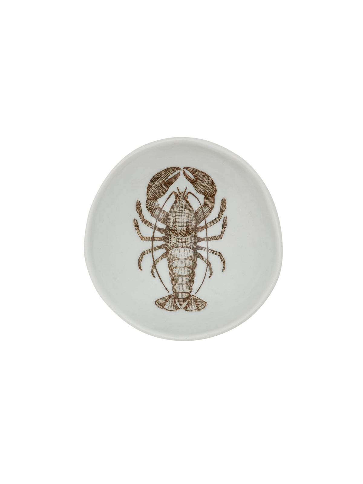 Round ceramic dish with centered lobster illustration, glossy white finish