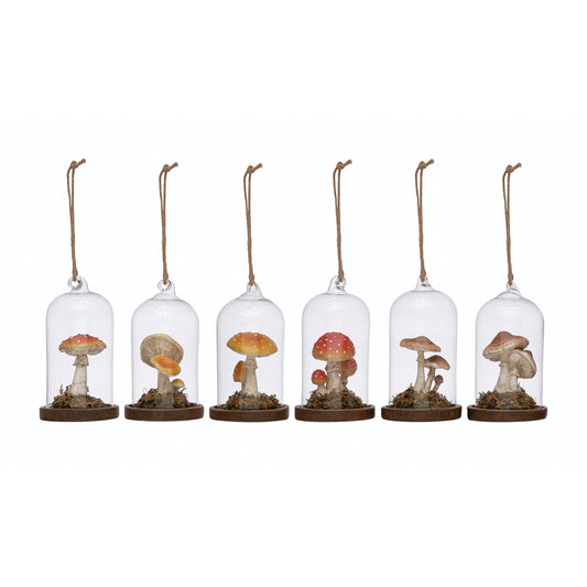 Set of 6 glass cloche mushroom ornaments with hanging twine and wooden bases