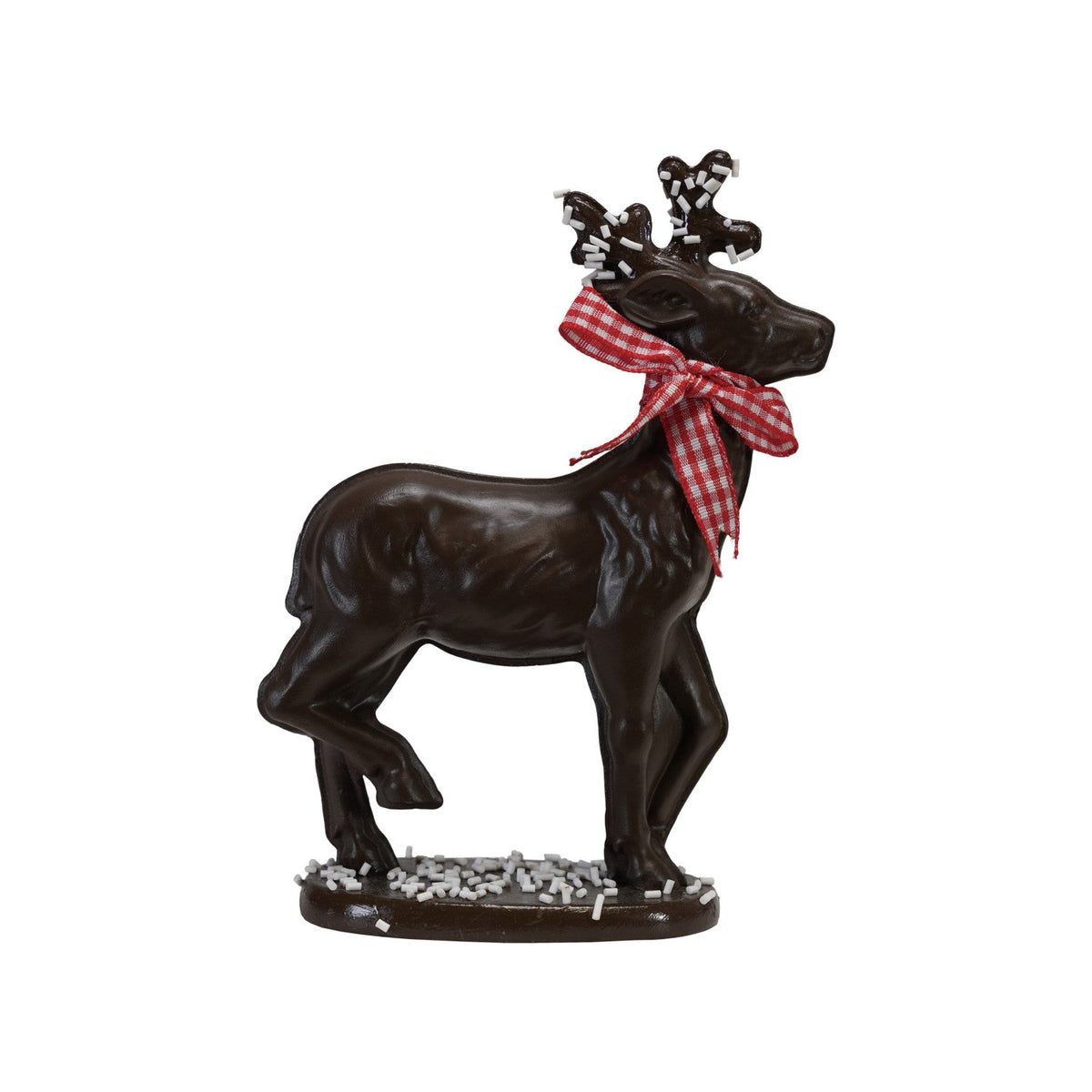 Dark brown resin deer figurine with red gingham bow, sprinkles on base