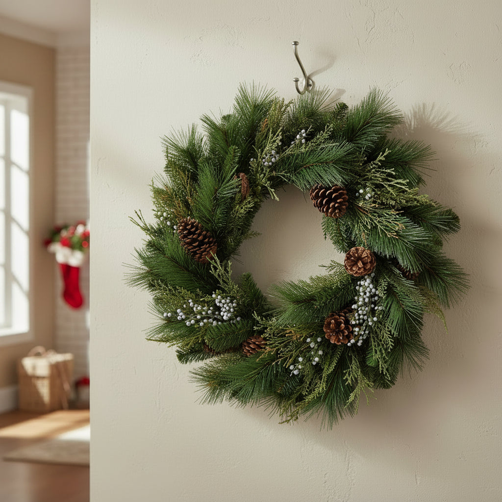 Green pine and cedar wreath with pinecones and white berry accents