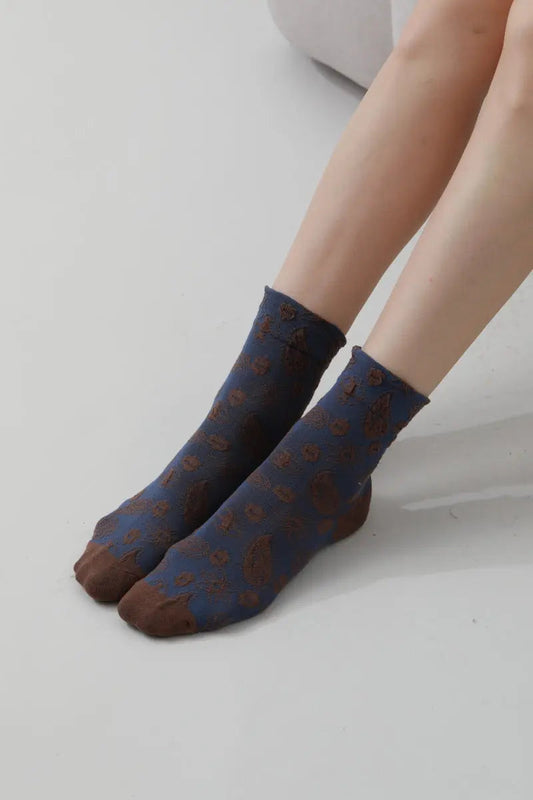 Blue cashew-print crew socks with matching all-over pattern
