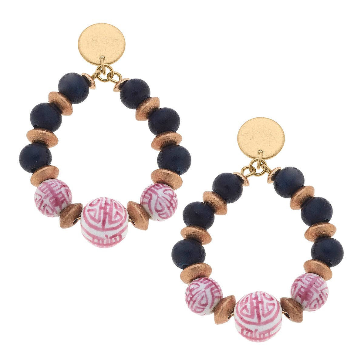 Gold hoop bead earrings with navy, wood, and pink patterned round beads