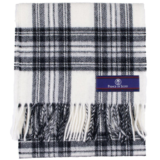 Merino lambswool tartan scarf close-up with grey and black plaid and brand patch