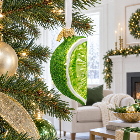 Green lime-slice glass ornament with glitter edge and gold top loop for hanging.