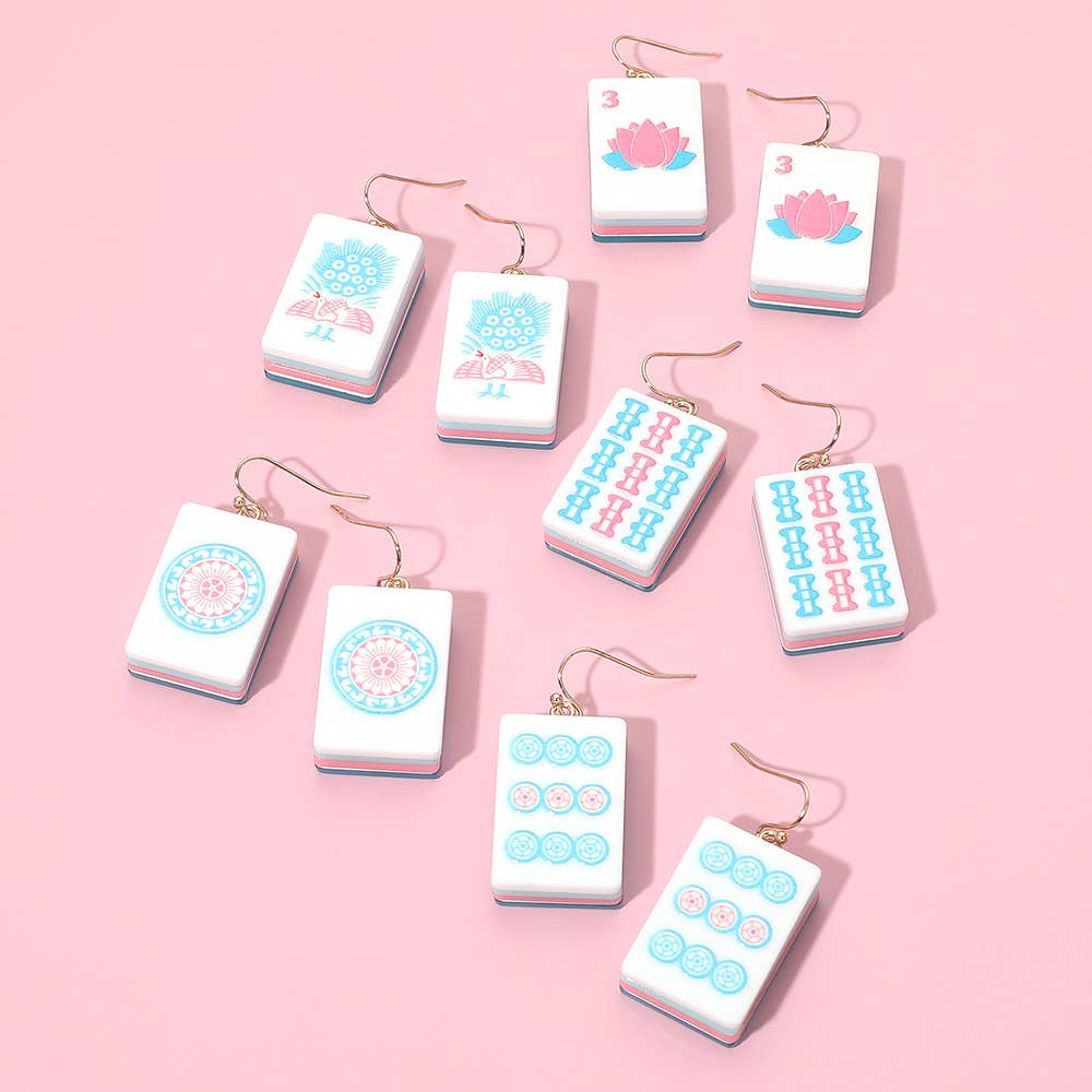 Assorted Mahjong tile drop earrings set, square pendants with colorful printed designs, gold hooks