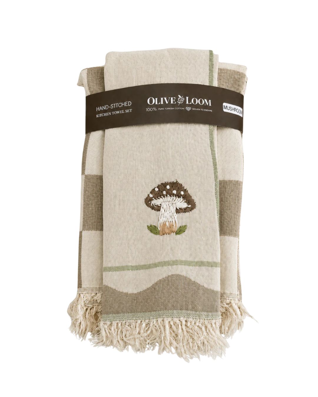 Hand-stitched tea towel set bundle with mushroom embroidery, check plaid and fringe