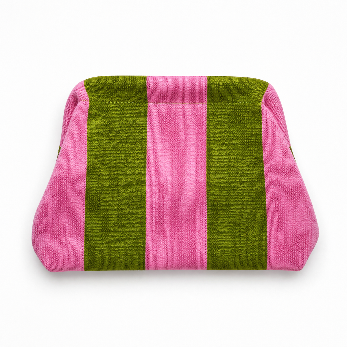 Green and pink striped clutch bag with soft, structured body