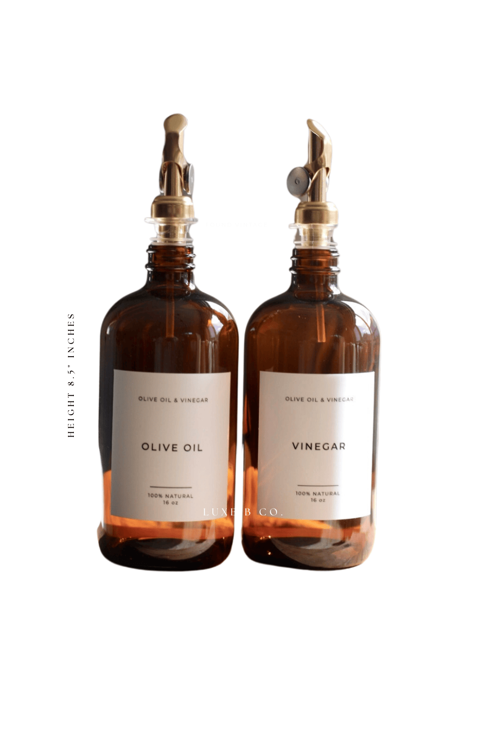 Amber glass olive oil and vinegar dispenser bottles with brass-tone pour nozzles