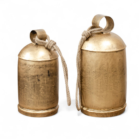 Distressed gold metal bell with braided rope hanger and rounded top loop