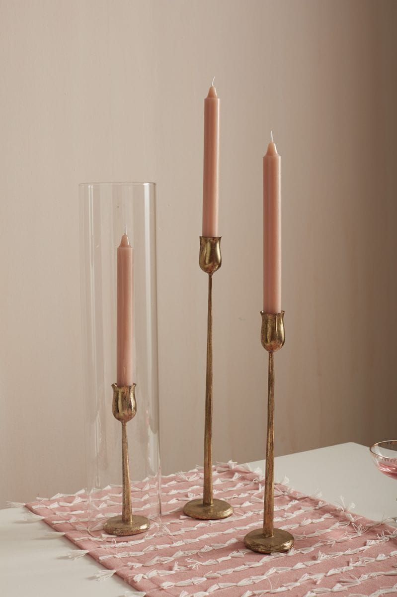 Gold taper candlestick holder set, clear acrylic sleeves on one size